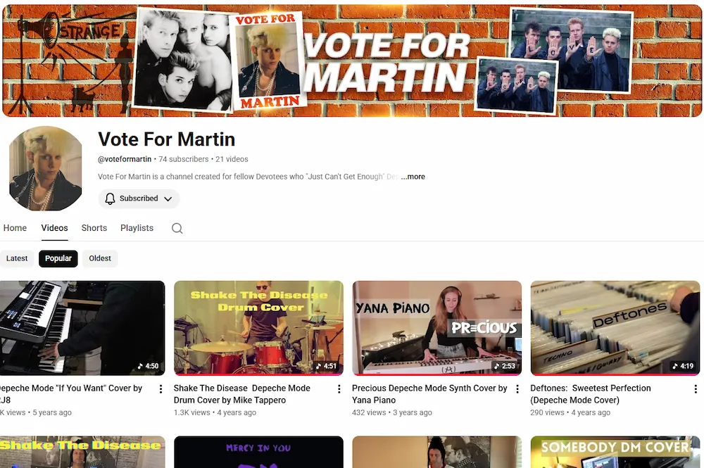 Screenshot of the Vote For Martin YouTube channel, featuring Depeche Mode covers and remixes from Devotees around the world.