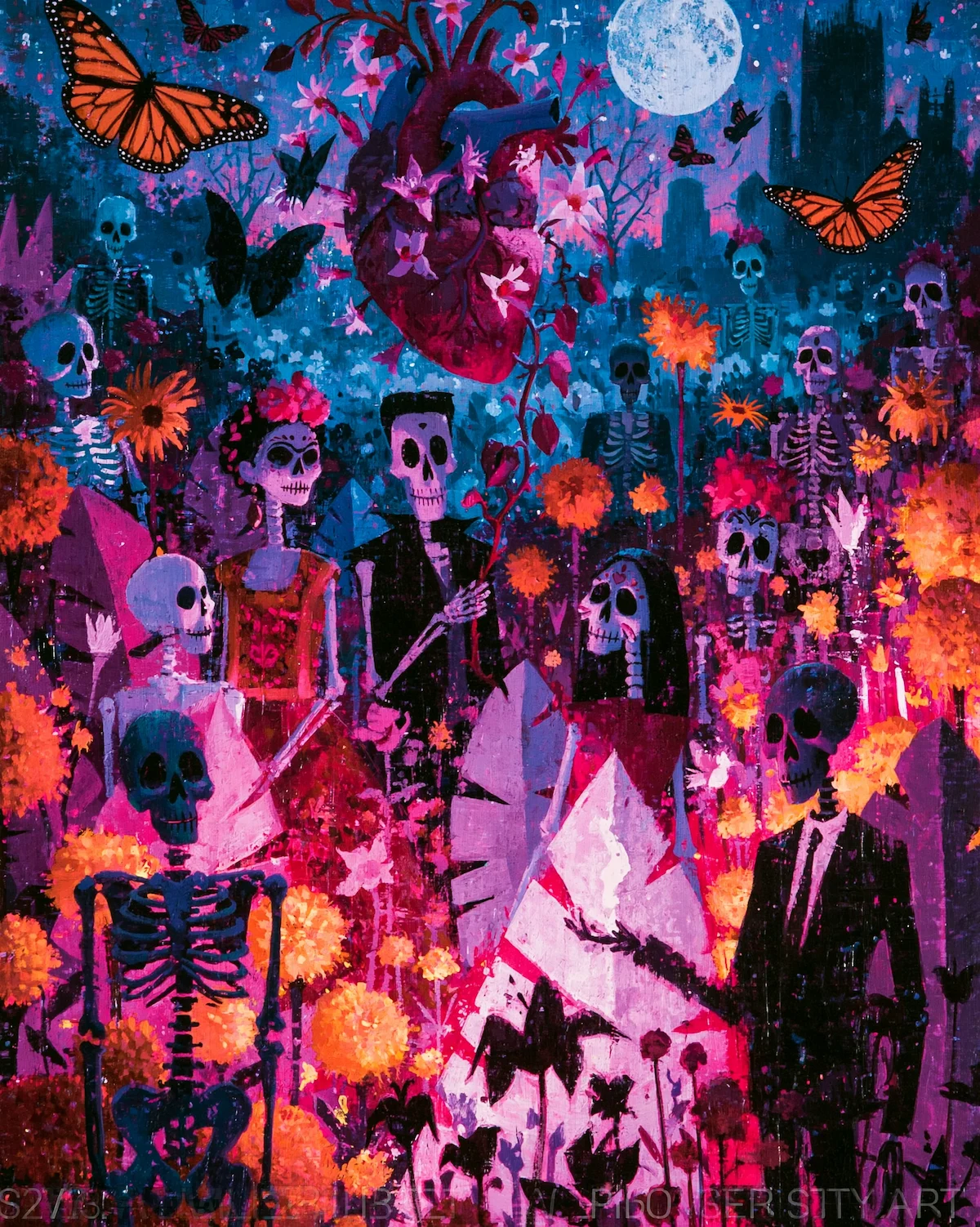 Dia de los Muertos scene in pink and magenta tones, rendered in Frida Kahlo's painterly style.