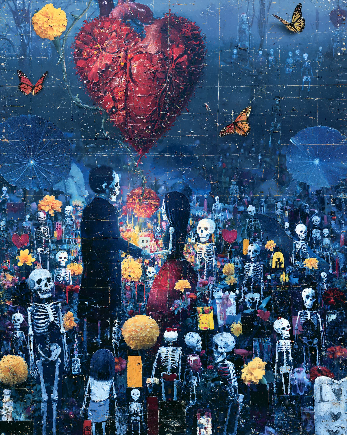 Warm-toned Dia de los Muertos altar scene with candles and offerings, rendered in Frida Kahlo's painterly style.