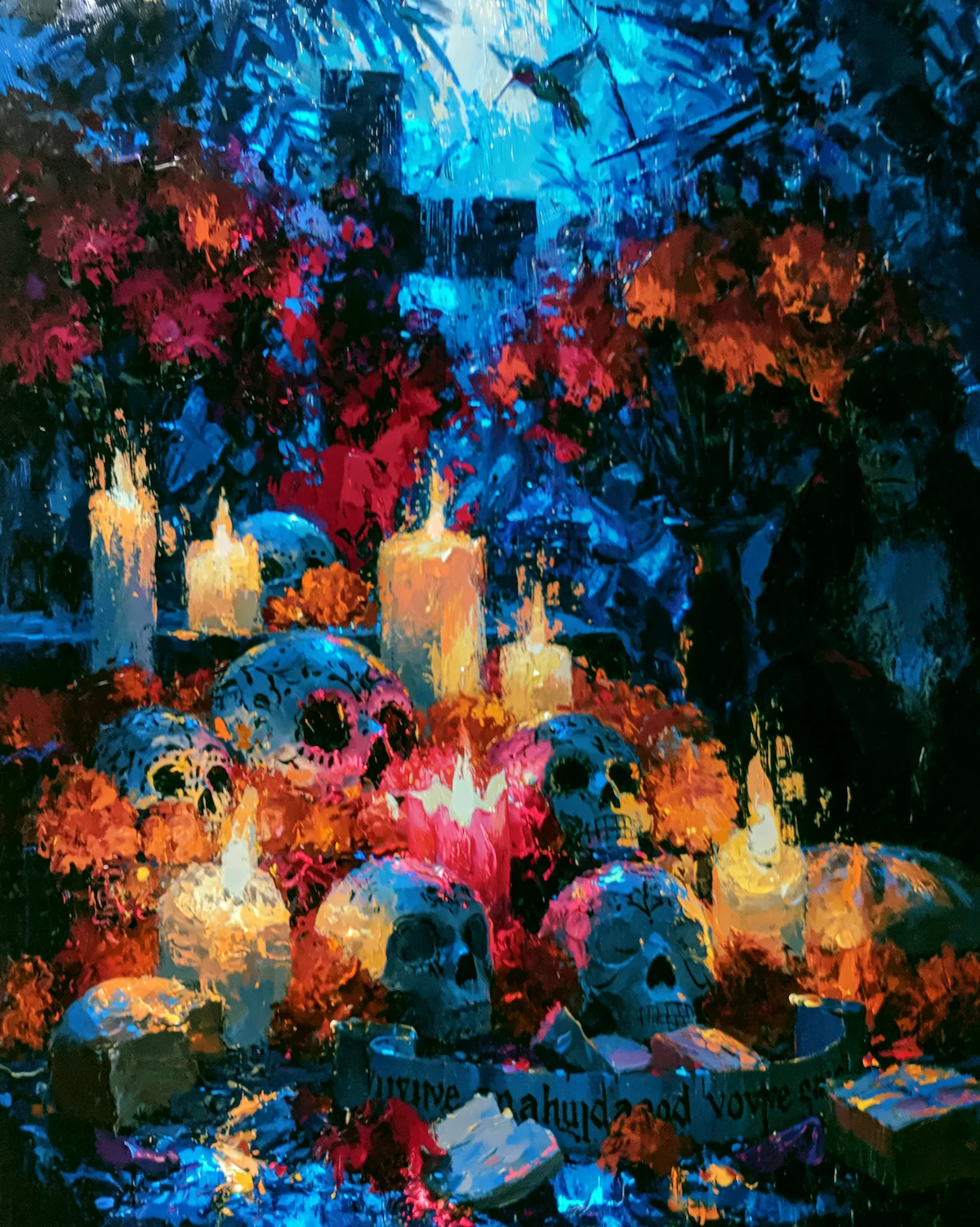 Dia de los Muertos altar scene in warm pink and orange palette, rendered in Frida Kahlo's painterly style.