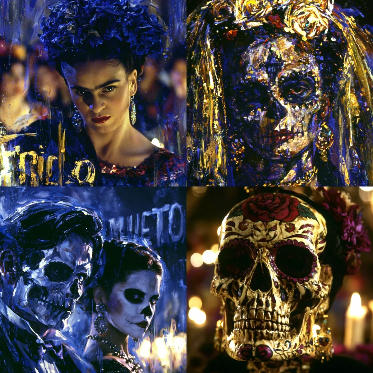 Four-panel grid of Dia de los Muertos imagery in gold and blue palette, mixing portraits with sugar skulls.